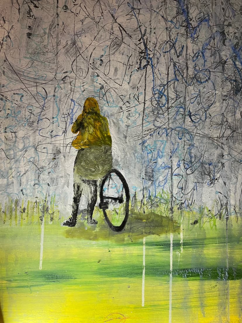 Woman with a Bike in the Rain