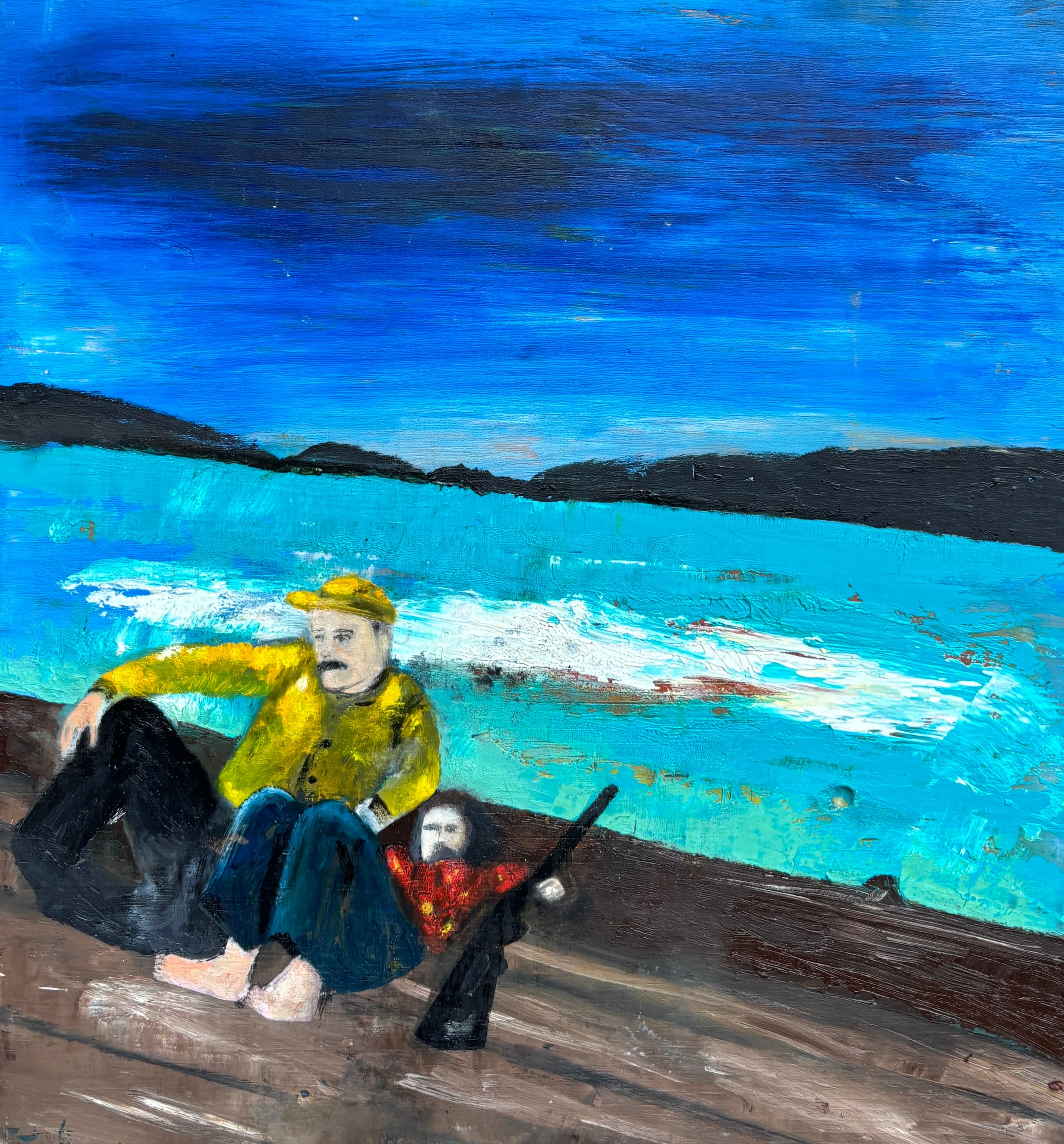 Ernest Hemingway and his son go hunting but get tired and sit down for a spell by Kurt